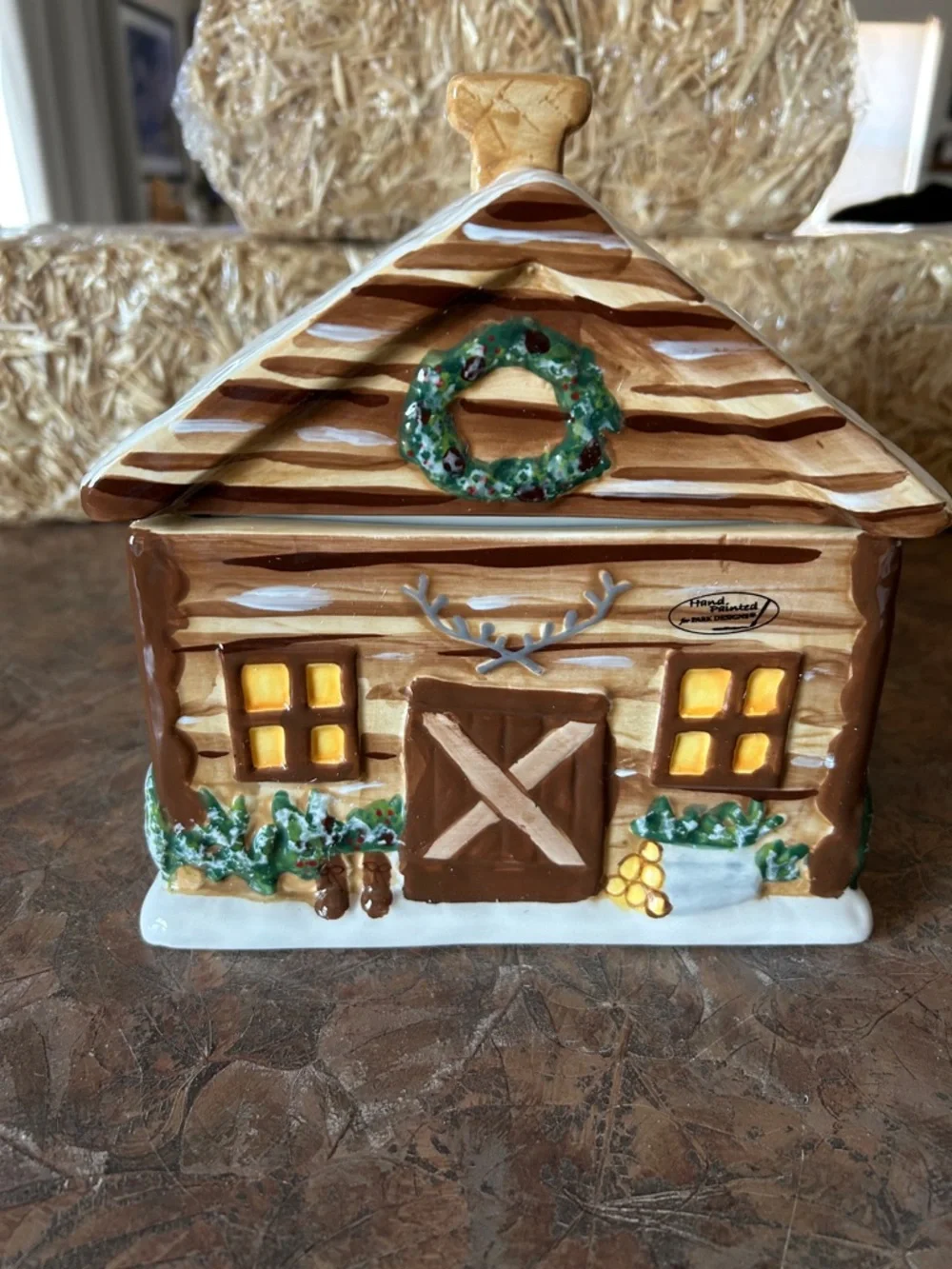 Hand Painted Sweet Log Cabin Home Ceramic Cookie Jar